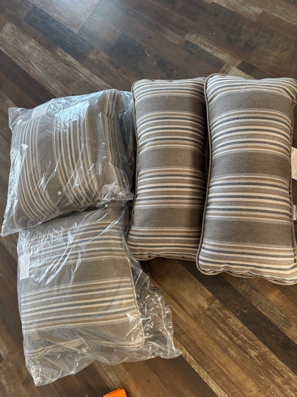 Striped Lumbar and Square Throw Pillow Set in Taupe & Cream